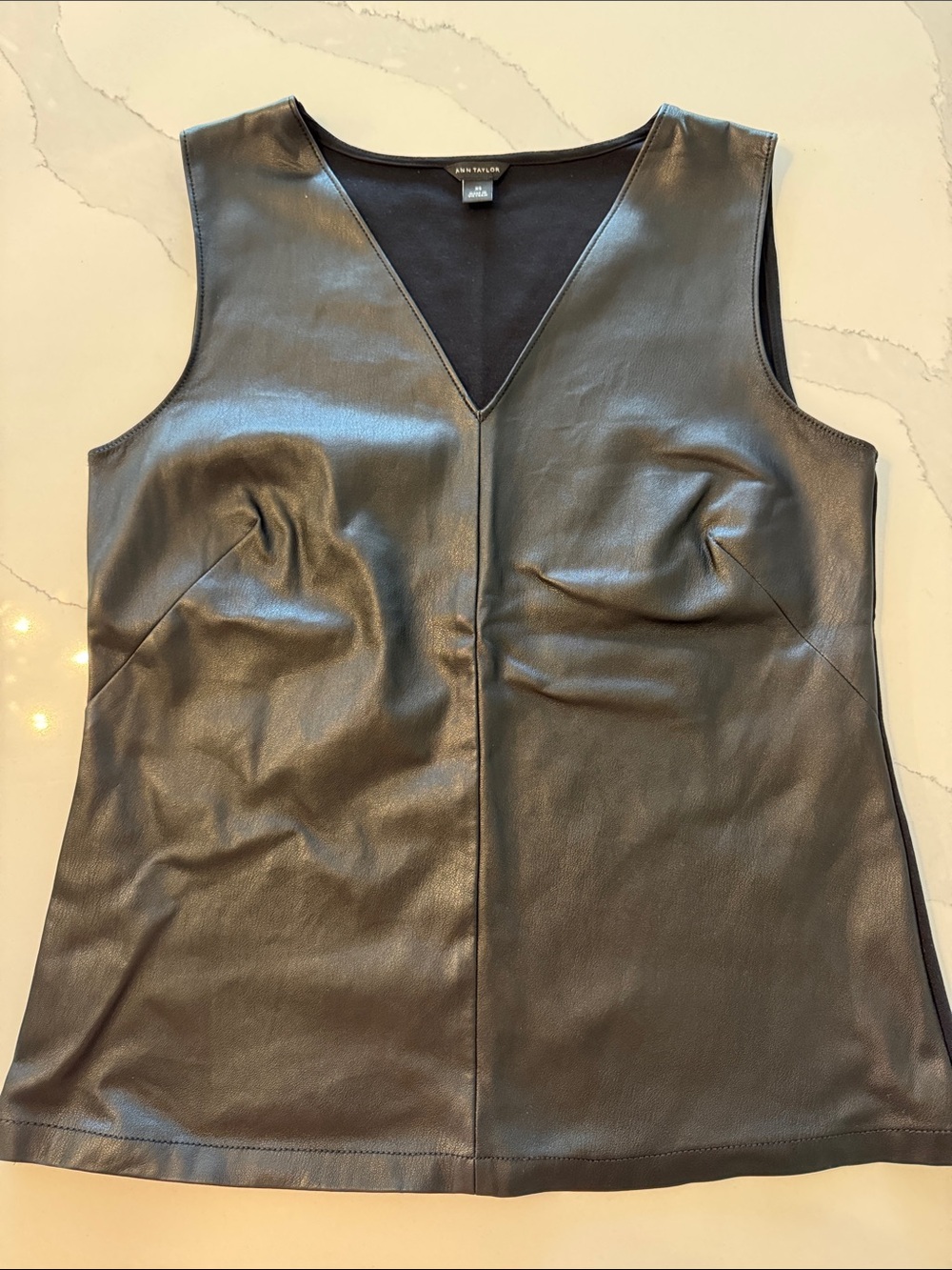 Ann Taylor Black Faux Leather V-Neck Sleeveless Top